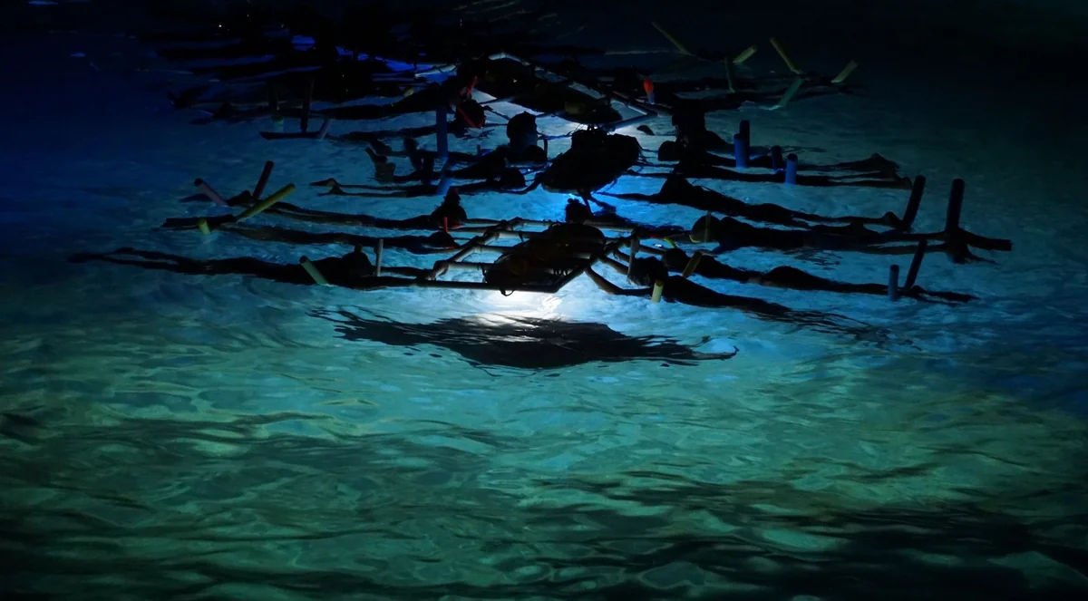 Snorkelers holding a floating board above a manta ray at night